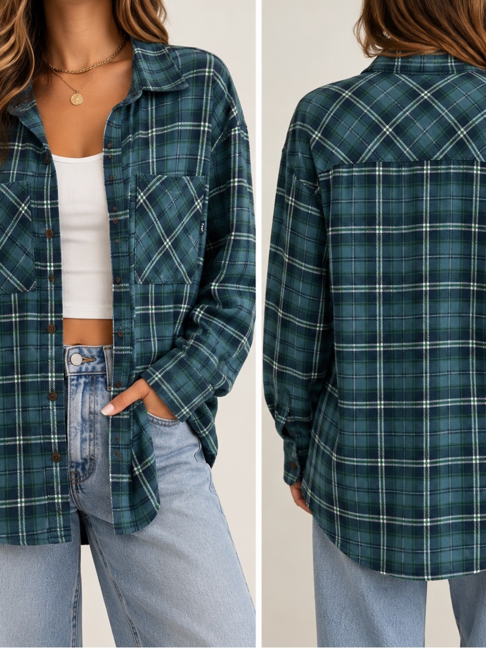 TNA Size 1 Blue Green Plaid 100% Organic Cotton Flannel Button Up